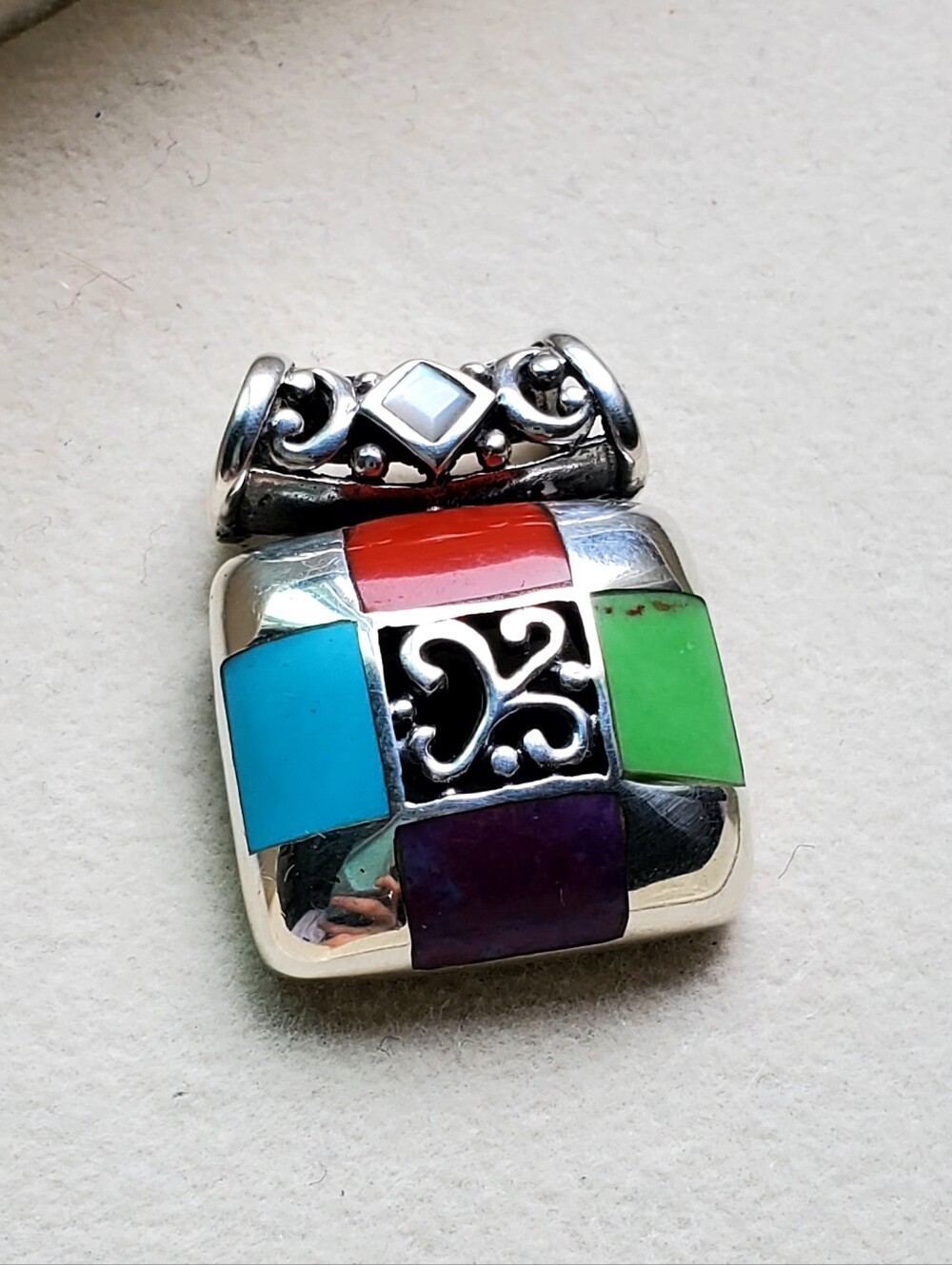 Sterling Silver Multistone Inlay Pendant | Turquoise Coral Mother of Pearl